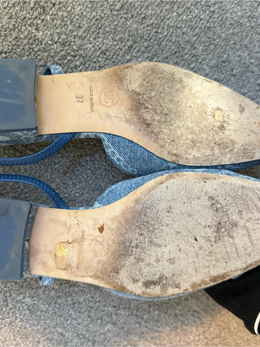 CHANEL Denim Blue Slingback Mules with CC Motif